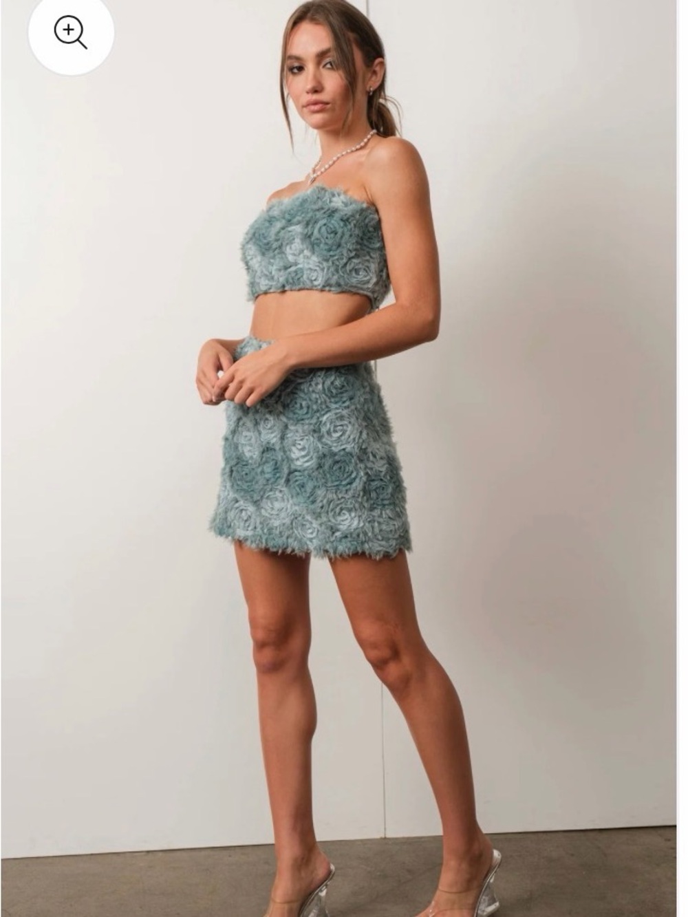 Fuzzy Floral Two-Piece Crop Top & Mini Skirt Set - Seafoam Green